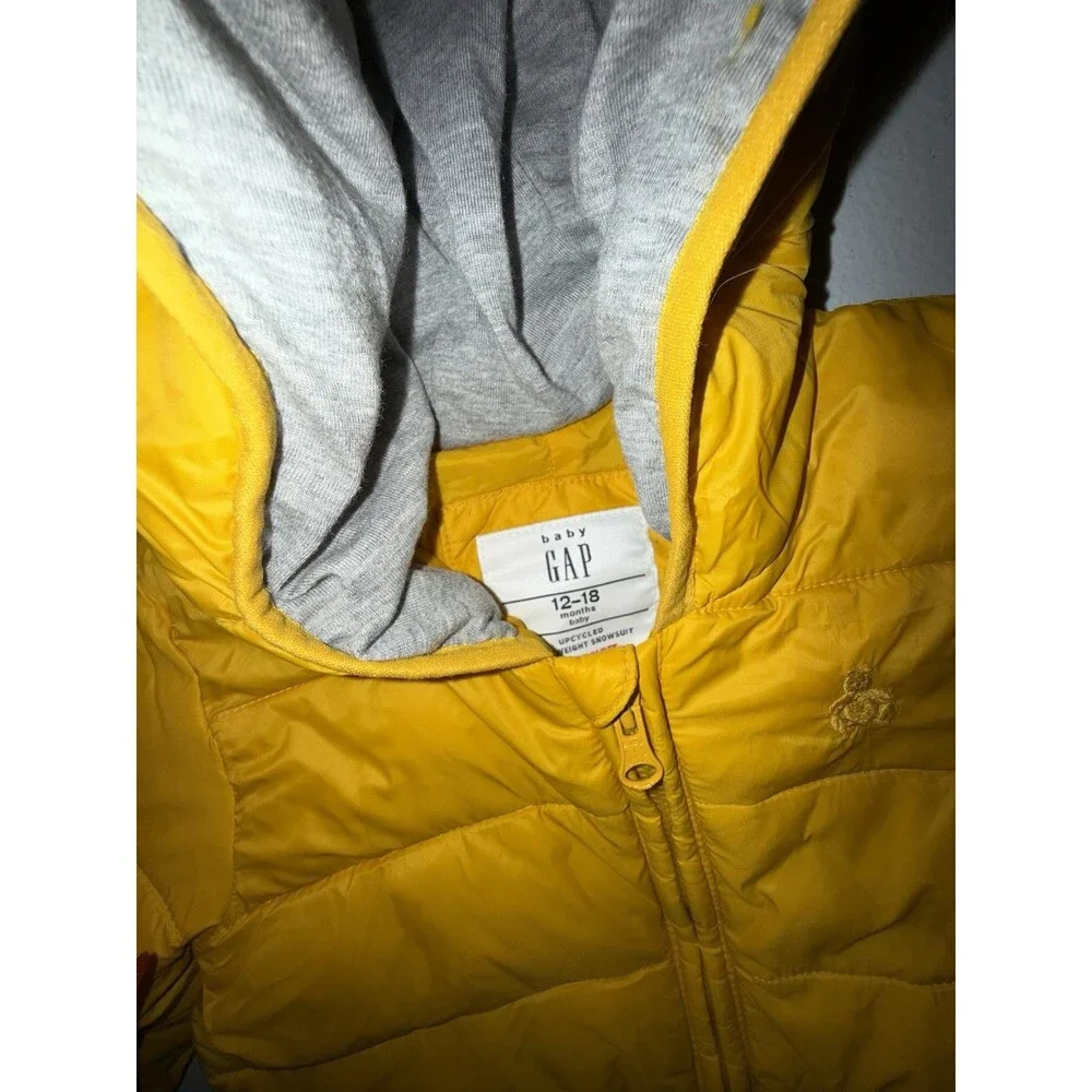 GAP Baby Yellow Down Puffer Hooded Bear Snowsuit One-Piece 12-18M